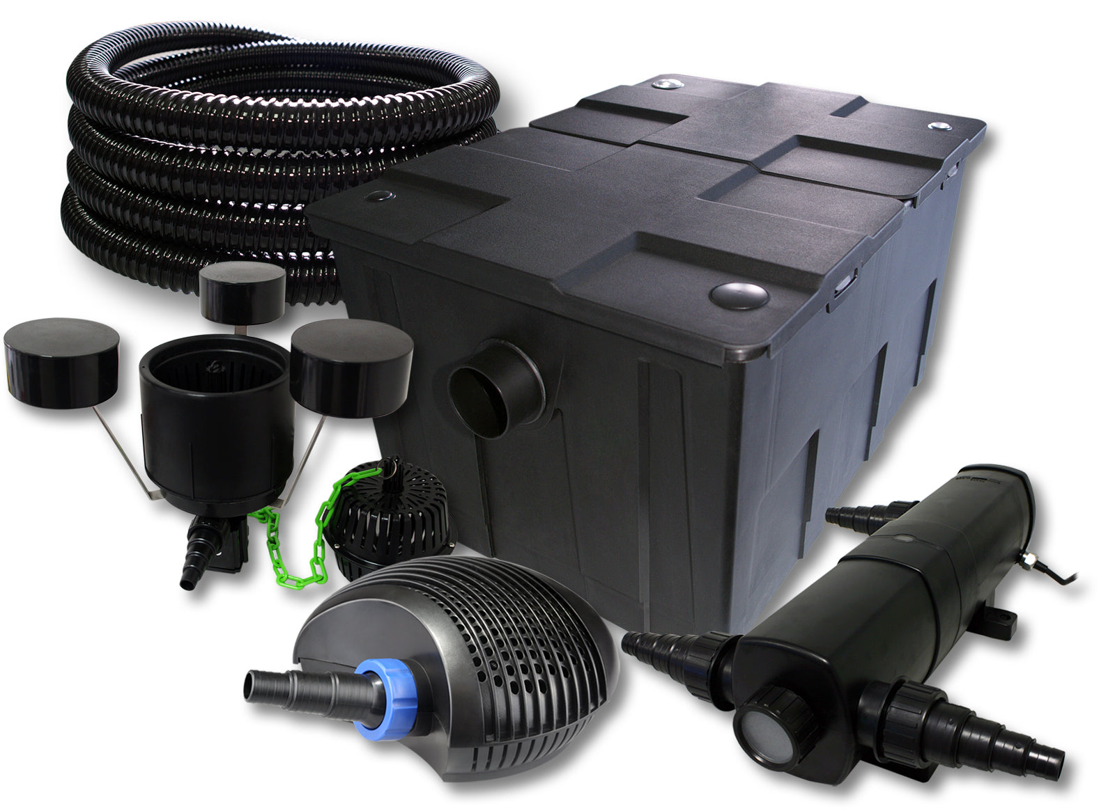 Set filtro per laghetto da 60.000l Chiarificatore 36W Pompa ECO 40W Tubo 25m Skimmer