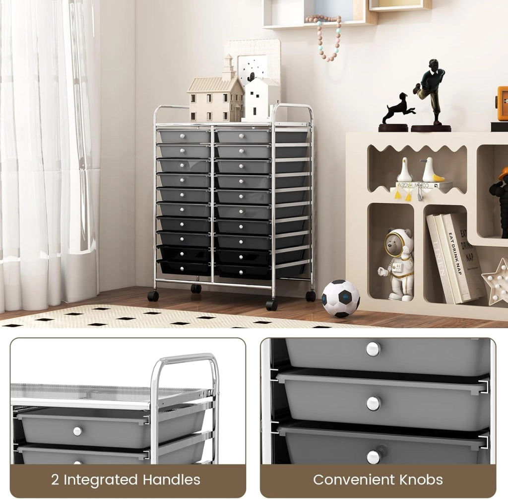 Carrello portaoggetti con ruote da 20 cassetti rimovibili, torre di stoccaggio mobile, 4 ruote con 2 freni, carrello girevole per ufficio, cucina, casa, 64 x 38 x 87 cm (nero sgrassato)
