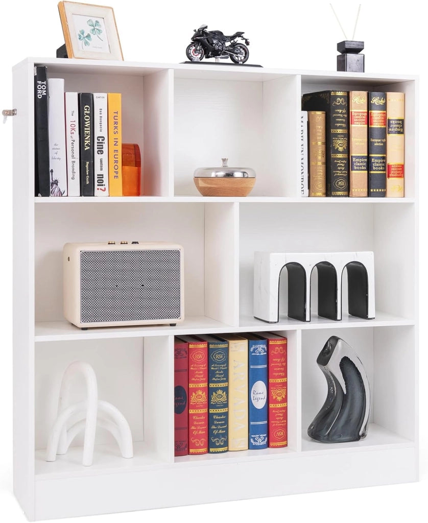Libreria a 8 Cubi, Organizzatore di Stoccaggio a 3 Ripiani con 2 Kit Anti-Ribaltamento, Scaffale Multiuso in Legno per Soggiorno, Ufficio Stanza Bambini, 100x24x104 cm (Bianco)