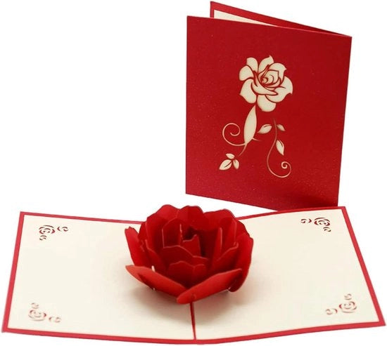 Carta di auguri pop-up per donne con fiori rossi, amore e felicitazioni.