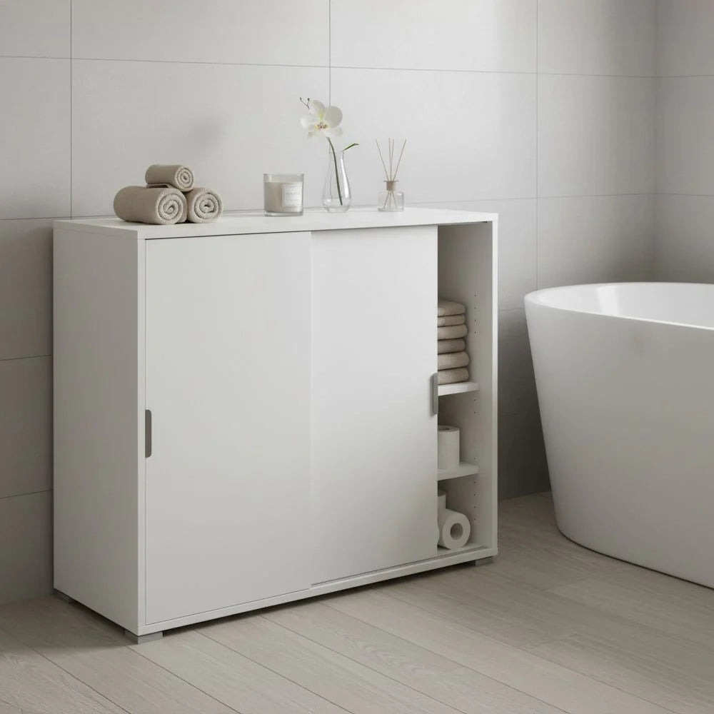 Mobiletto Base 2 Ante Scorrevoli Bianco | Armadietto Salvaspazio Moderno con 2 Ripiani Regolabili | Già Assemblato per Soggiorno, Ingresso, Bagno, Lavanderia, Studio e Cameretta