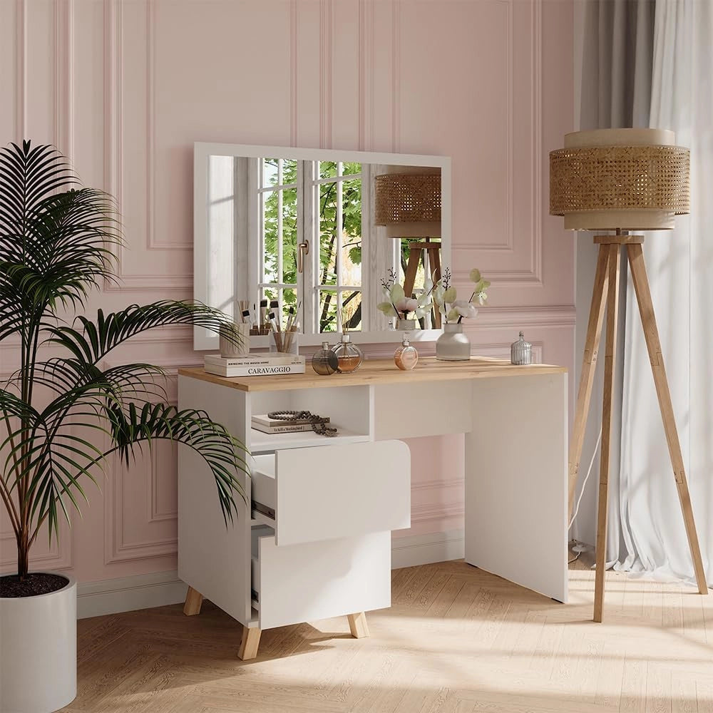 Tavolo da toeletta Karen, Bianco/Artisan, 110 cm con cassetti, Materiali robusti per un utilizzo duraturo