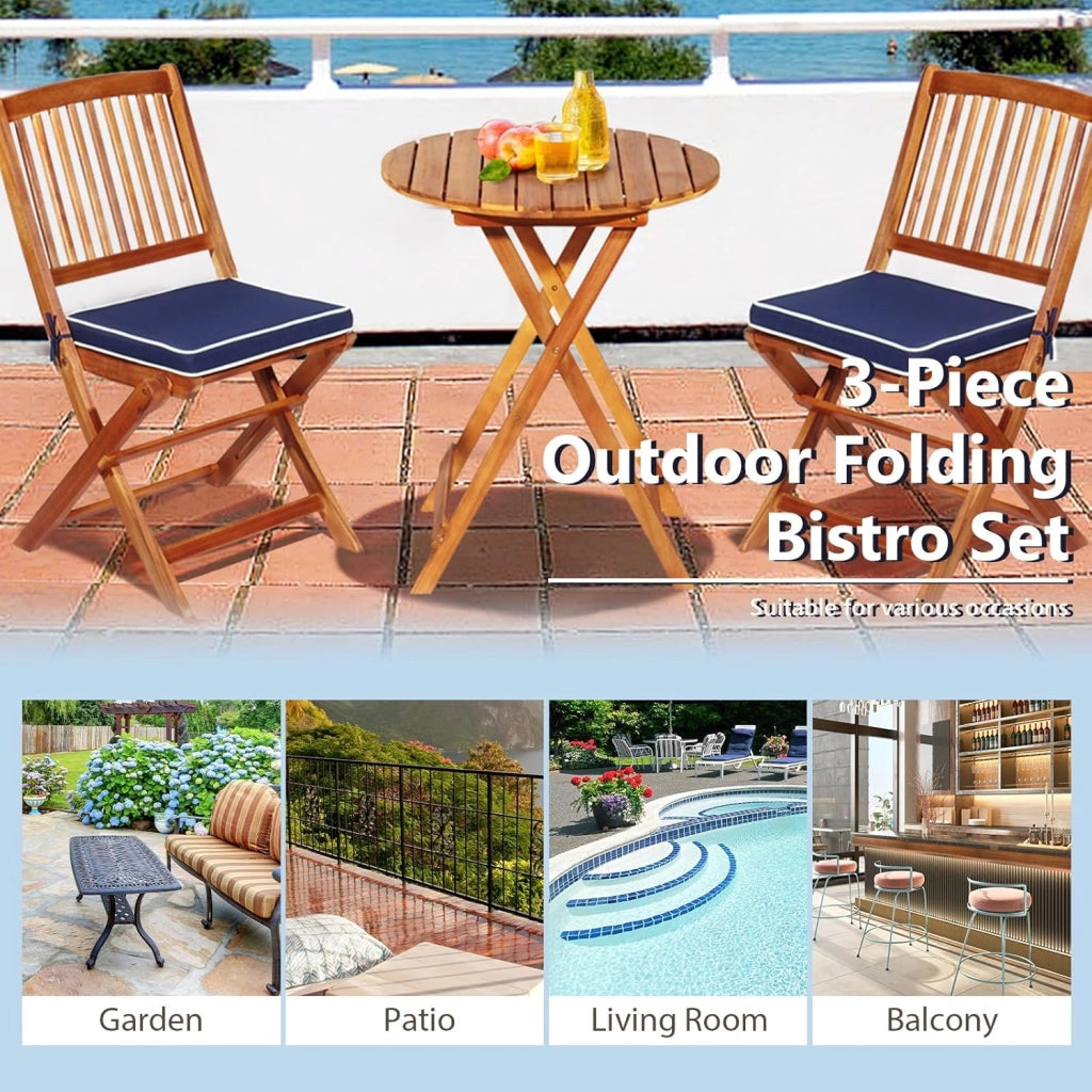 Set da Bistrò Pieghevole, Tavolo Portato 40 kg, Sedie con Cuscini Portato 160 kg, Set Giardino, Set Tavolo e Sedie da Giardino, Set da Esterno per Balcone (Cuscini Blu)
