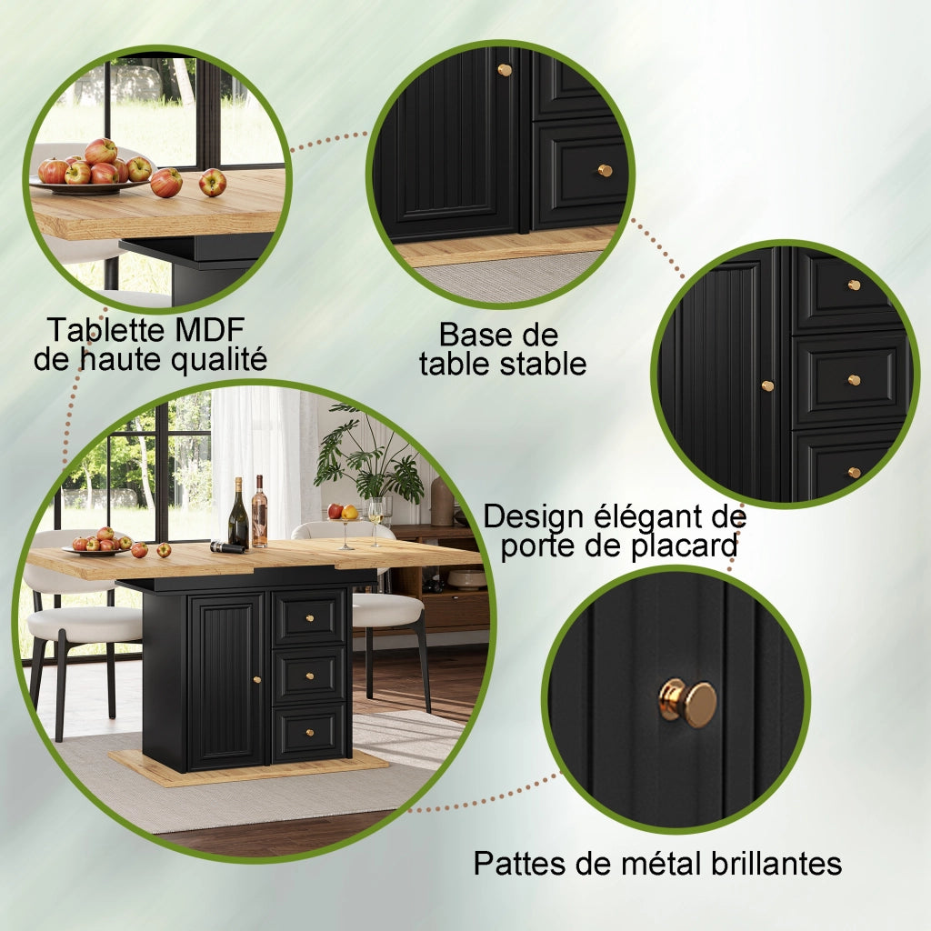 Tavolo allungabile per 6 persone con 1 anta, 2 cassetti e vano contenitore, in MDF e metallo, rovere naturale