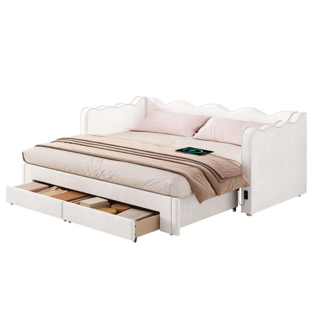 Letto daybed estraibile 90x200 cm con cassetti, USB e tessuto effetto velluto, beige