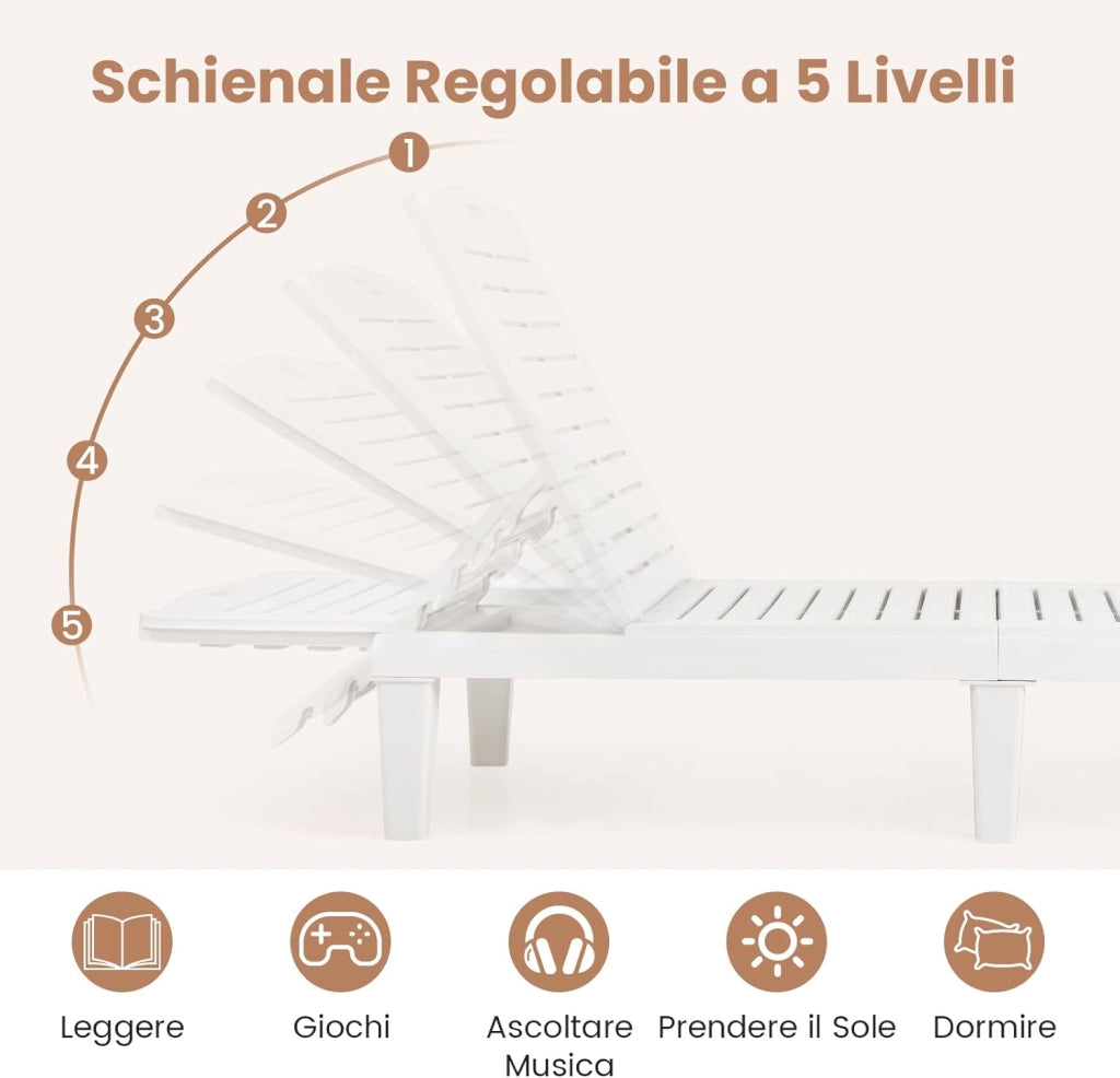 Set di 2 Sedie a Sdraio, Lettino Prendisole da Esterno in PP con Schienali Regolabili in 4 Posizioni, Sedia Reclinabile per Patio, Piscina, Terrazza, Portata 160 kg (Bianco)