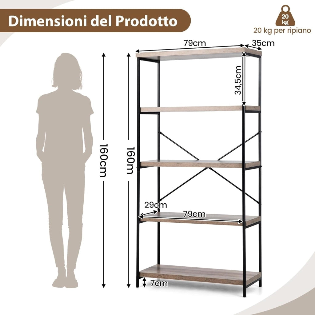 Libreria a 5 Piani, Scaffale Industriale in Legno con Struttura in Metallo, Aste di Sostegno a X Dispositivo Antiribaltamento, per Soggiorno Ufficio, 79x35x160 cm (Grigio)