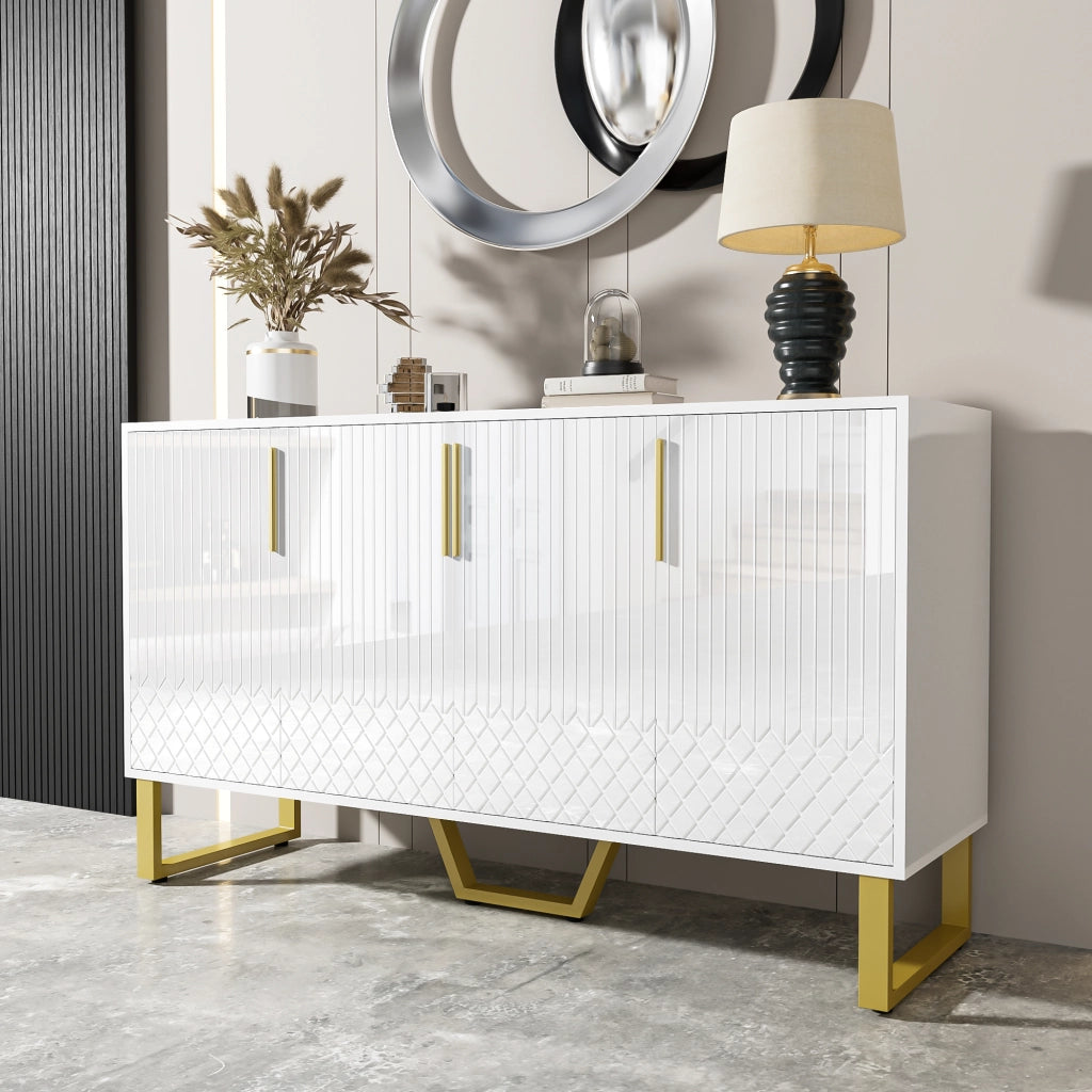Credenza con 4 Ante; Motivo Geometrico 3D e Piedi in Metallo; Bianco Lucido; in MDF; 140??40??80 cm