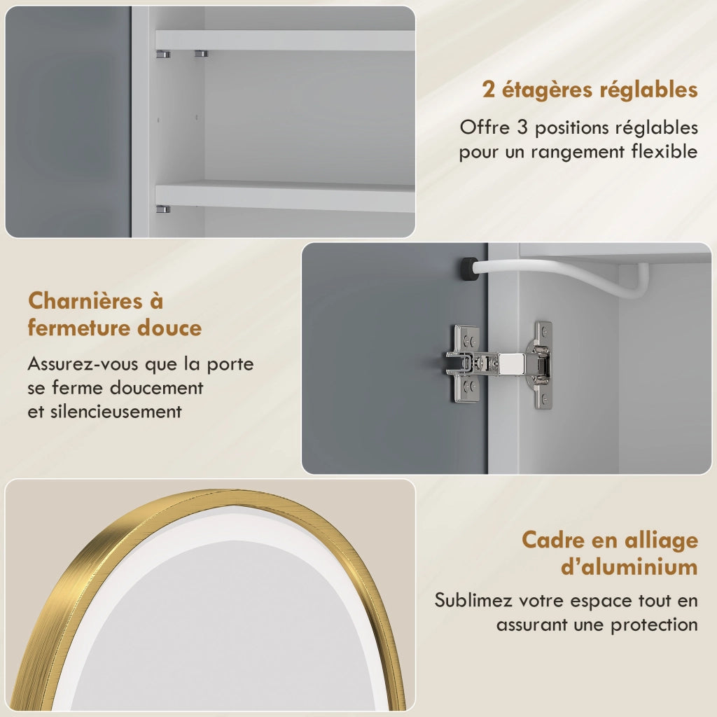 Armadietto da bagno con specchio e luce LED, porta ad arco, anti-appannamento ¨C Zephmum ¨C Dorato 50x14.5x70 cm