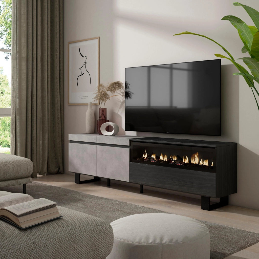 Mobile TV, 200x35x57cm, soggiorno, Per TV fino a 80", Camino elettrico, Design industriale, grigio cemento RF2248
