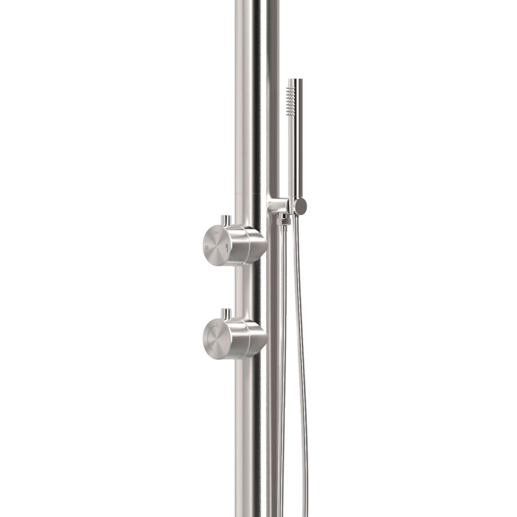 Doccia piscina SINED Luna In Acciaio Inox 316l Acciaio Spazzolato Con Doccino Flessibile Acqua calda e fredda Per Interni Ed Esterni Resistente Ingresso acqua dal basso o laterale