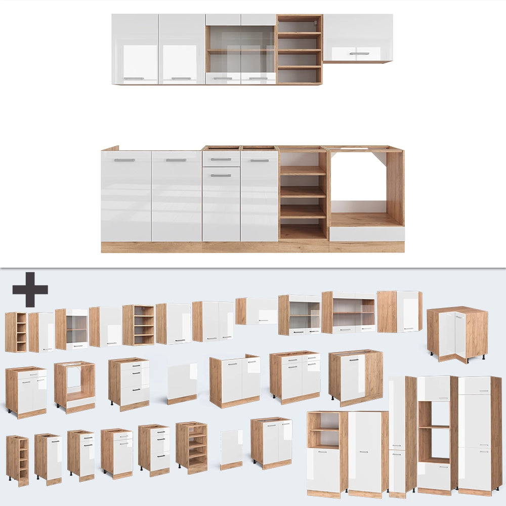 Cucina componibile R-Line Bianco lucido/Rovere dorato 240 cm senza piano di lavoro Vicco