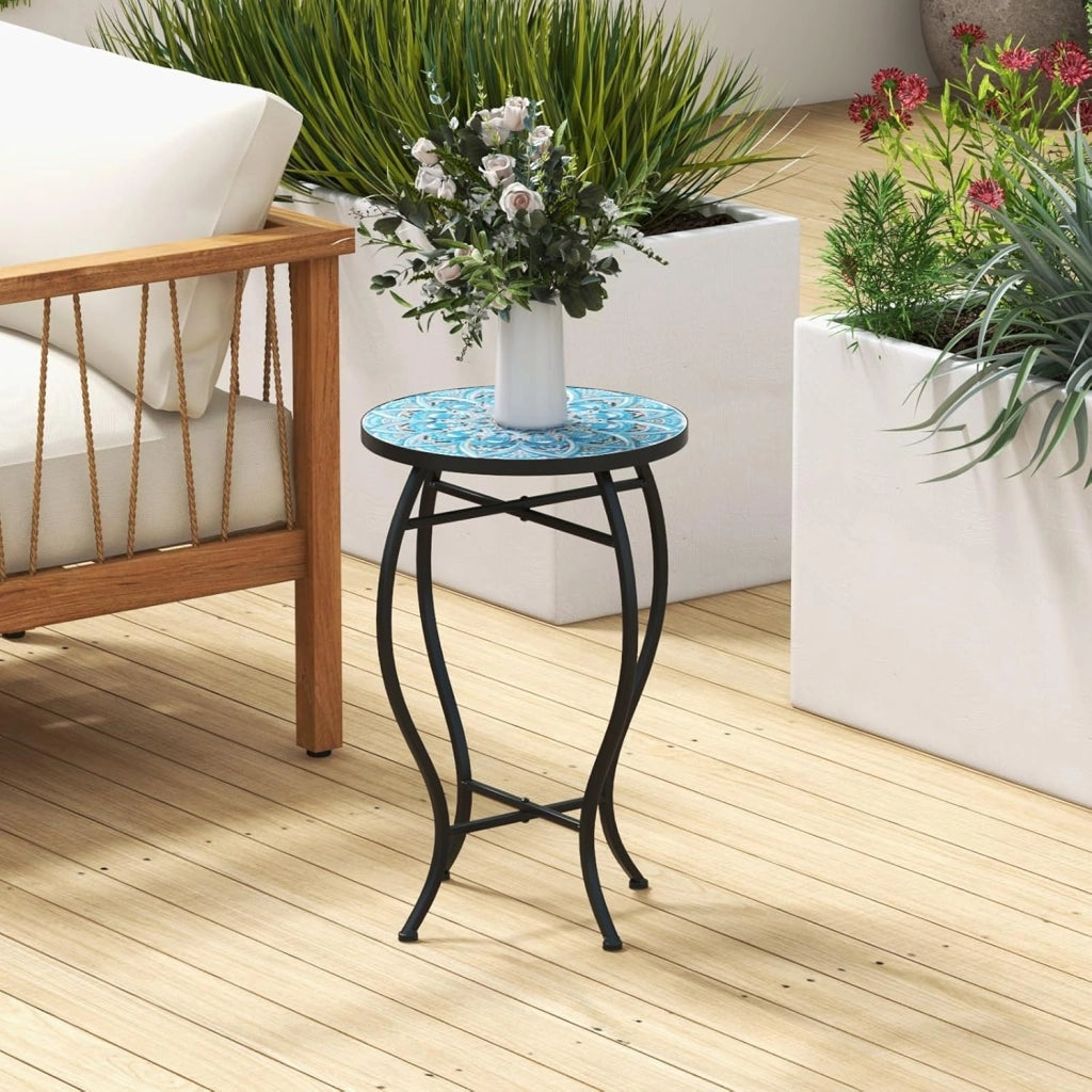 Tavolino per Esterno ed Interno, Tavolino Rotondo con Piano in Piastrelle di Ceramica e Gambe di Metallo, Tavolino Porta Piante da Balcone, Giardino e Salotto