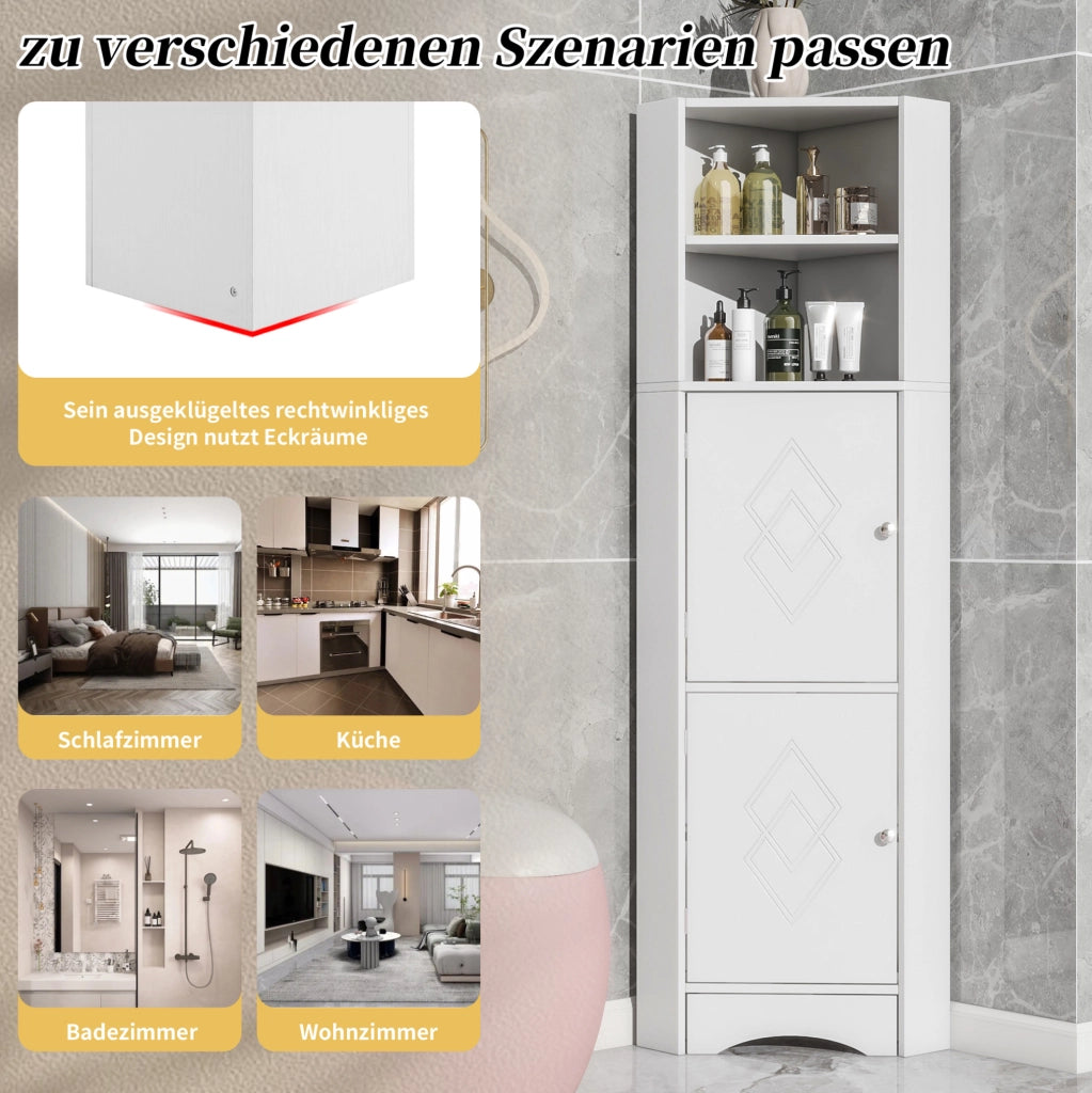 Mobile da bagno angolare con due ripiani regolabili, 36,5 x 36,5 x 155 cm, bianco