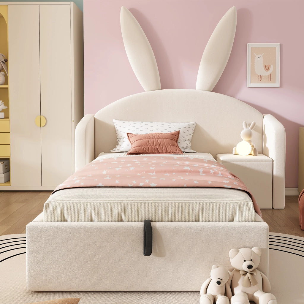 Letto per bambini 90 × 200 cm con contenitore idraulico, comodino reversibile, senza materasso, beige