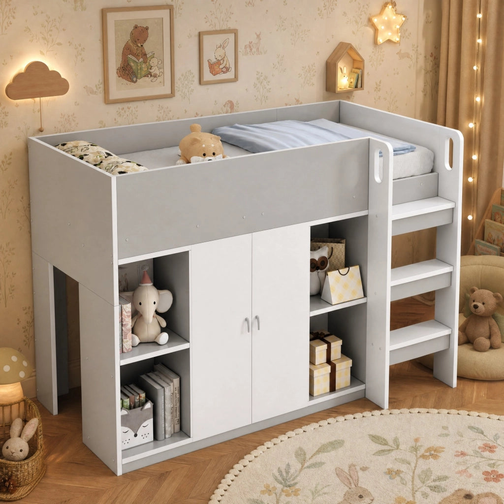 LETTO A CASTELLO 90 x 200 cm con scala, ripiani e armadio, grigio