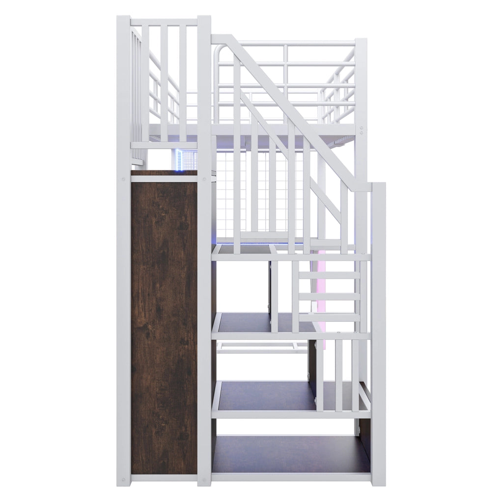 Letto a soppalco 252.5x95.5x169 cm con luce ambientale; scrivania; armadio; ripiani in metallo e MDF bianco