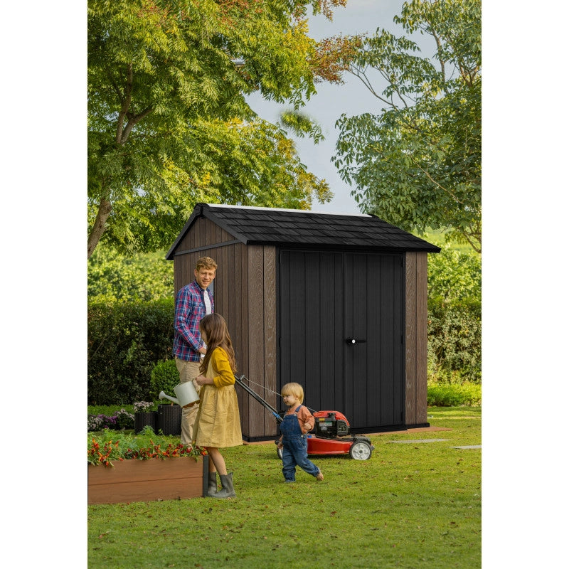 Casetta da giardino in resina effetto legno EVOTECH+ 223,8x230 cm - pavimento e doppia porta - carico neve 150 kg/m² – Apex 757/775 Signature Walnut - Keter