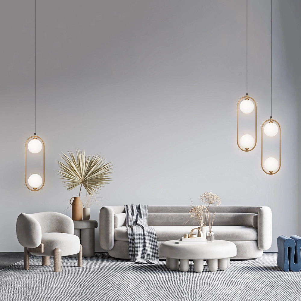 Lampada a sospensione Maytoni Ring ottone 2 luci sfere bianche