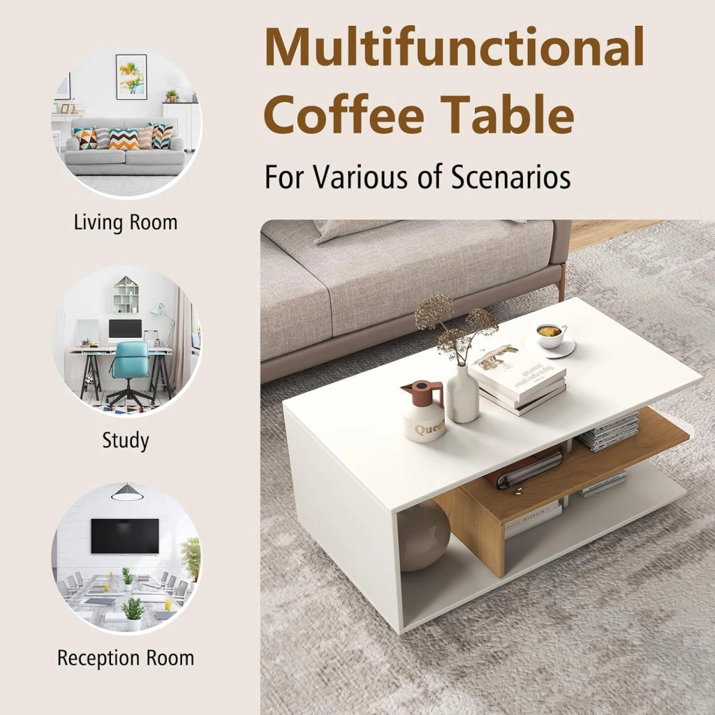 Tavolino da Caffè, Tavolo Rettangolare con Ripiani Aperti, Tavolo da Tè a 3 Livelli con Scaffale Centrale a Forma di L, Tavolo Geometrico per Soggiorno, Sala Ricevimenti (Bianco)
