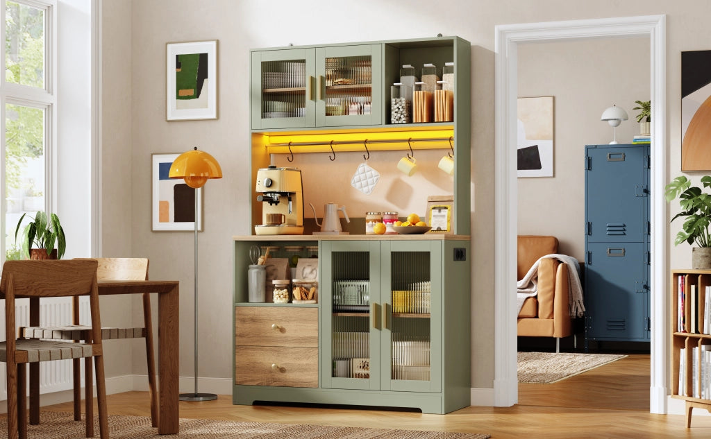 Credenza alta con vetrina, LED e prese USB, 4 ante in vetro temperato, per cucina, verde, 40 × 110 × 178 cm