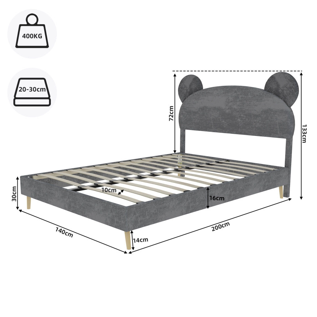Letto per Bambini 140x200 cm; Letto Singolo - Testiera Orso; Angoli Arrotondati - Grigio