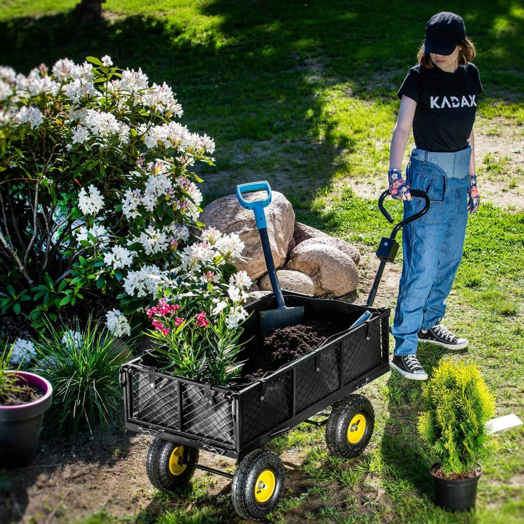Carrello da giardino KADAX con carriola, rimorchio per trasporto, portata 300 kg, con telone, grande.