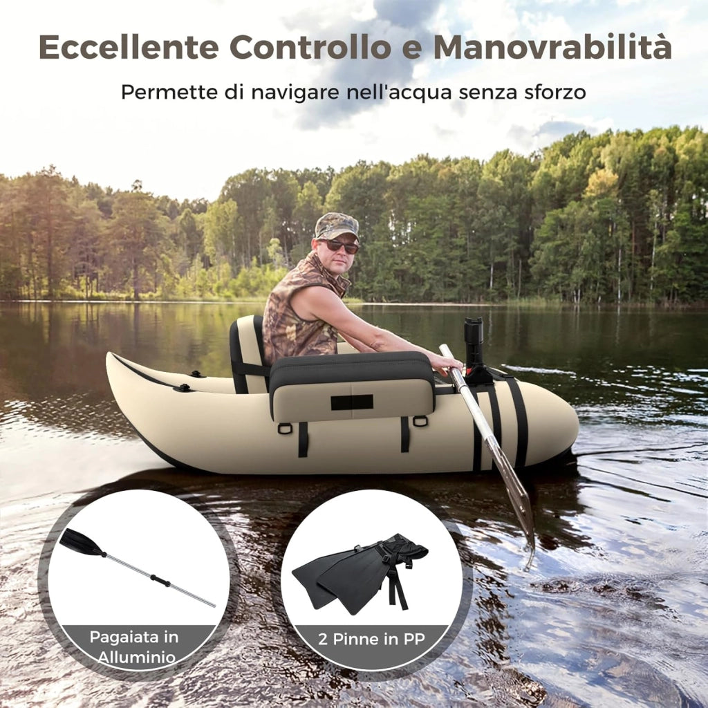 Belly Boat da Pesca Portatile, Gommone Gonfiabile da Pesca con Porta Canne Regolabile, Pompa, Pagaia in Alluminio, Spallacci e Kit di Riparazione, Barca da Mare con 2 Pinne, capacità 160kg