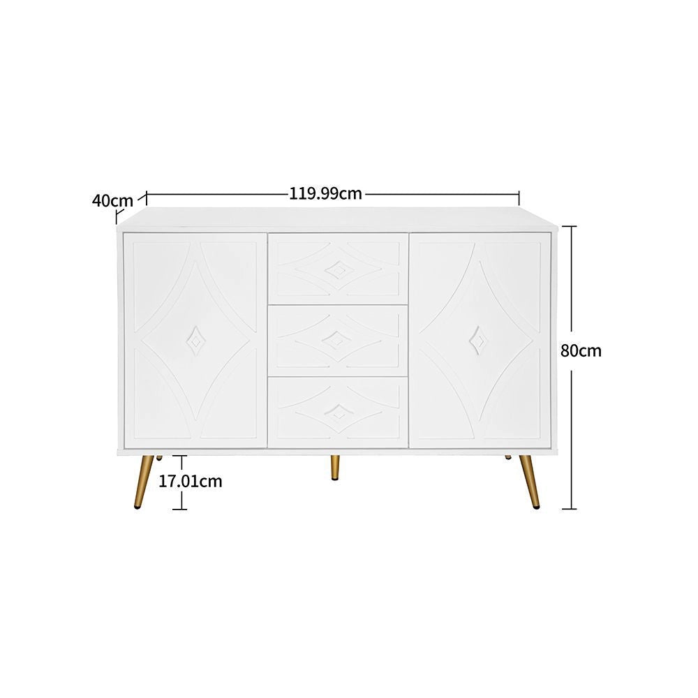 Com¨° elegante con motivo a losanga - Xylo - 120¡Á40¡Á80 cm - Bianco - 3 cassetti 2 ante piedi dorati