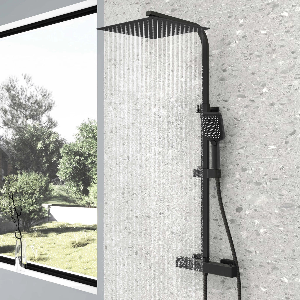 AICA Colonna doccia con miscelatore termostatico, rubinetto doccia rettangolare 28x4cm, soffione doccia quadrato 30x30cm in acciaio inox nero