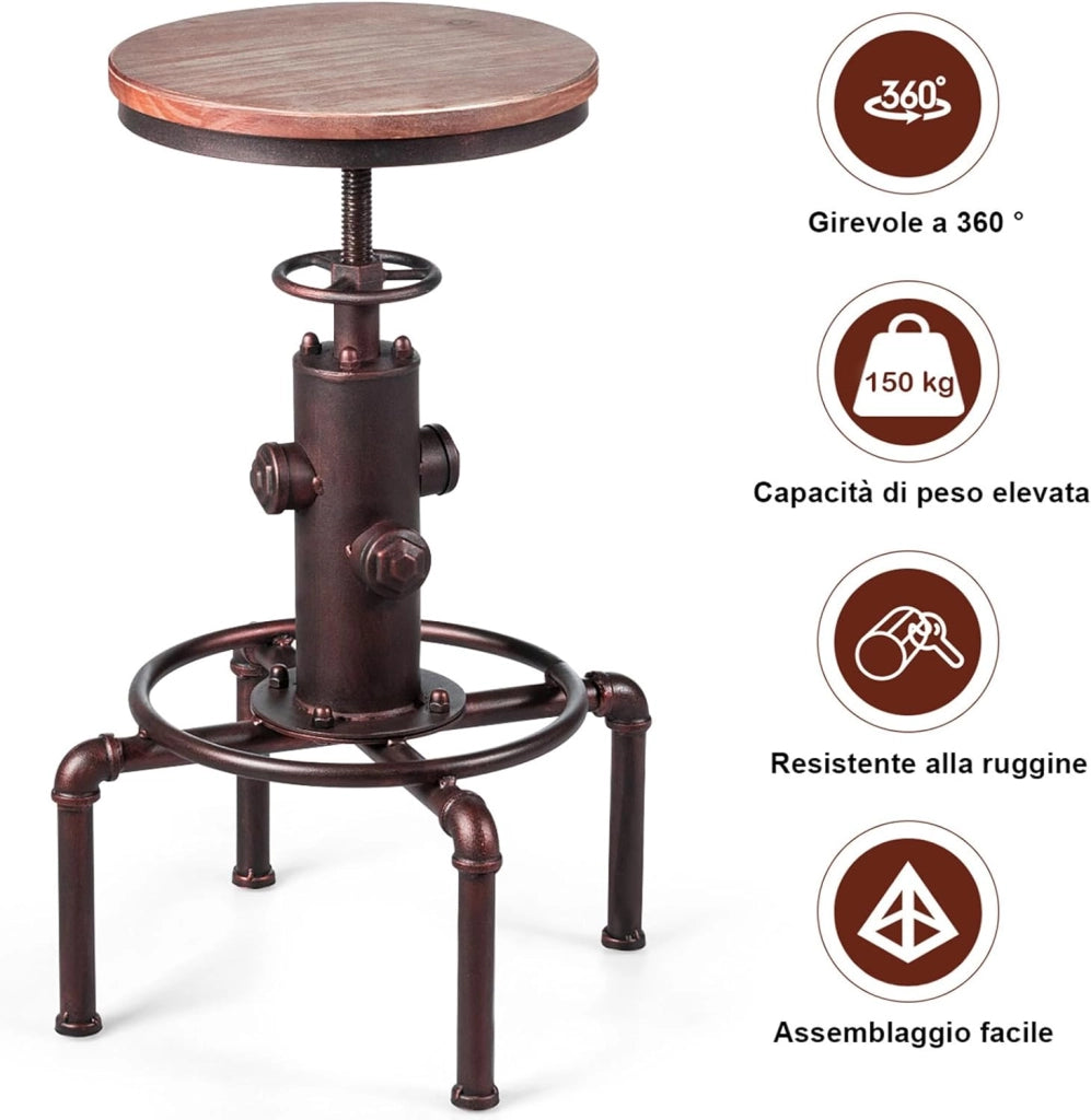 Sgabelli da Bar Industriale Girevole 360°, con Poggiapiedi, Sgabello Cucina Seduta Tonda Altezza Regolabile 60-75 cm, in Ferro e Pino (Marrone, 1)