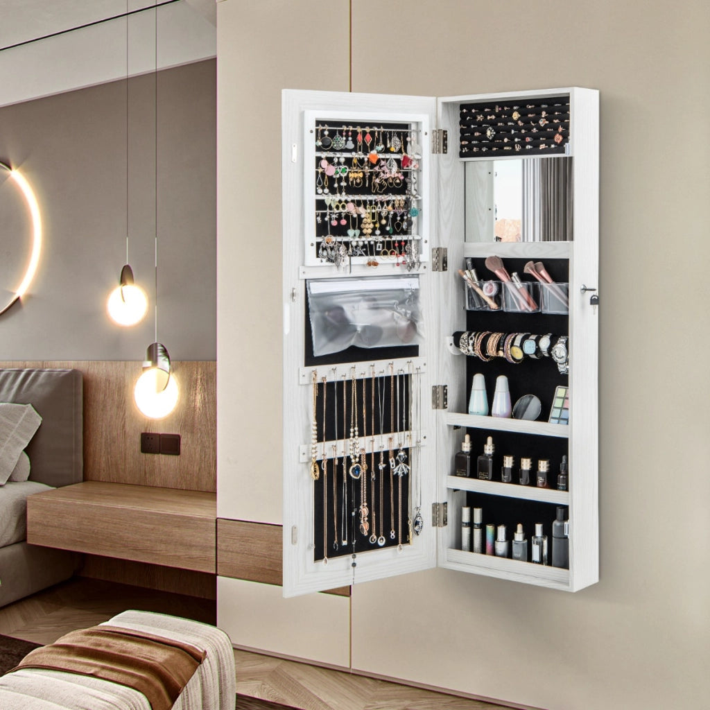 Armadietto portagioie con specchio a LED da 120cm, Appendibile alla porta o da parete con specchio interno Bianco-Armadietti per gioielli