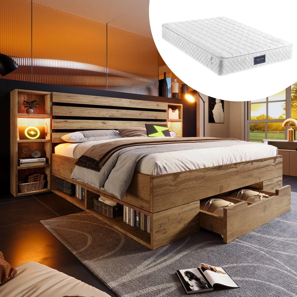 Letto Contenitore Matrimoniale in Legno con LED e Cassetti ¨C MINIMAL ¨C Rovere 160x200
