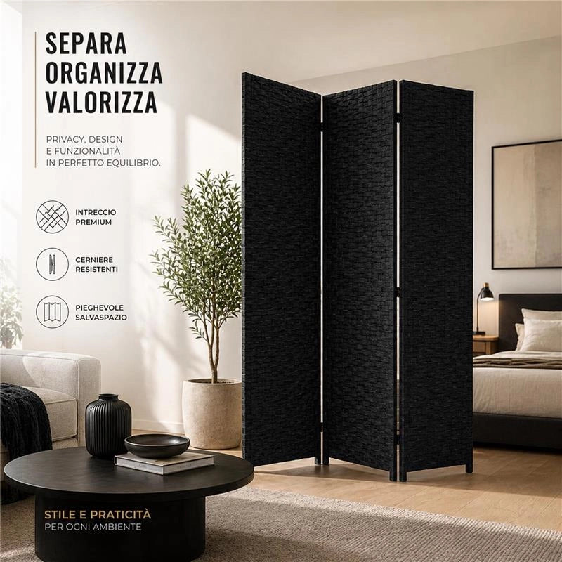 SEPARE' CON TRE PANNELLI IN PLASTICA NERO CON STRUTTURA IN LEGNO MISURE: 180X135CM