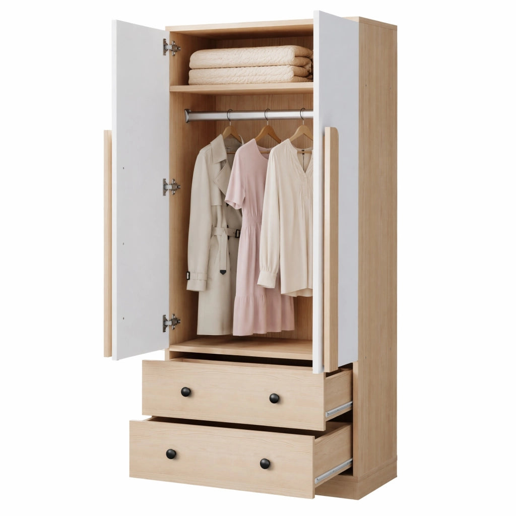 Armadio a doppia anta 70 x 40 x 170 cm con 2 cassetti; naturale e bianco
