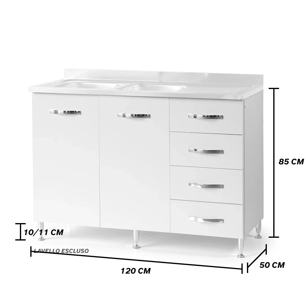 Sottolavello per cucina componibile da 120 cm con due ante e 4 cassetti,con Lavello vasche a Sinistra realizzata in legno 100% MADE IN ITALY colore Bianco Frassino