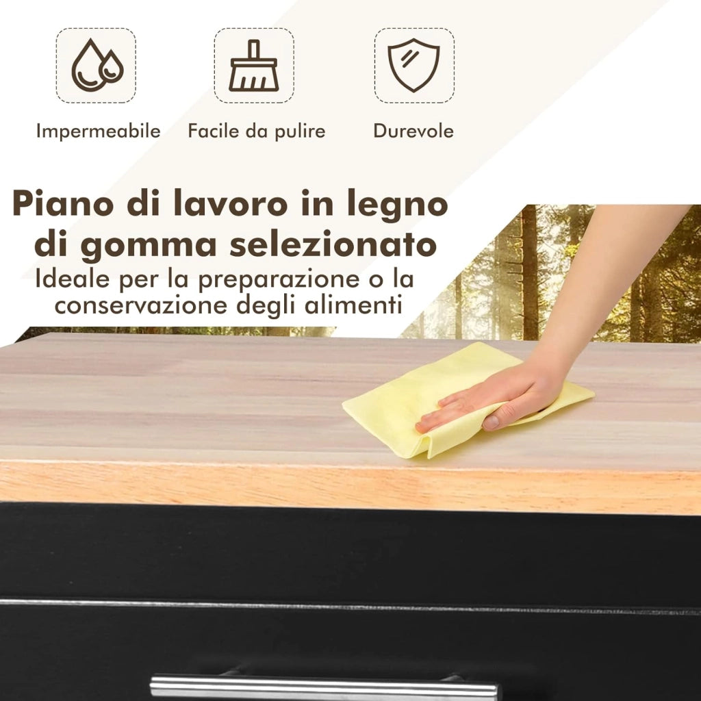 Carrello da Cucina, Carrello di Servizio con Ruote e Maniglia, 3 Ante e 2 Cassetti, Ideale per Cucina Ristorante Bar, 122x46x92,3 cm (Nero)