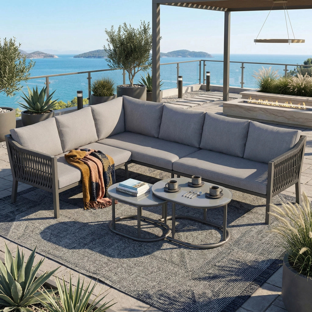 Set da Giardino 6 Posti con Tavolino, Divano e Tavolo in Vetro ¨C MINIMAL ¨C Acciaio, Corda Intrecciata, Grigio