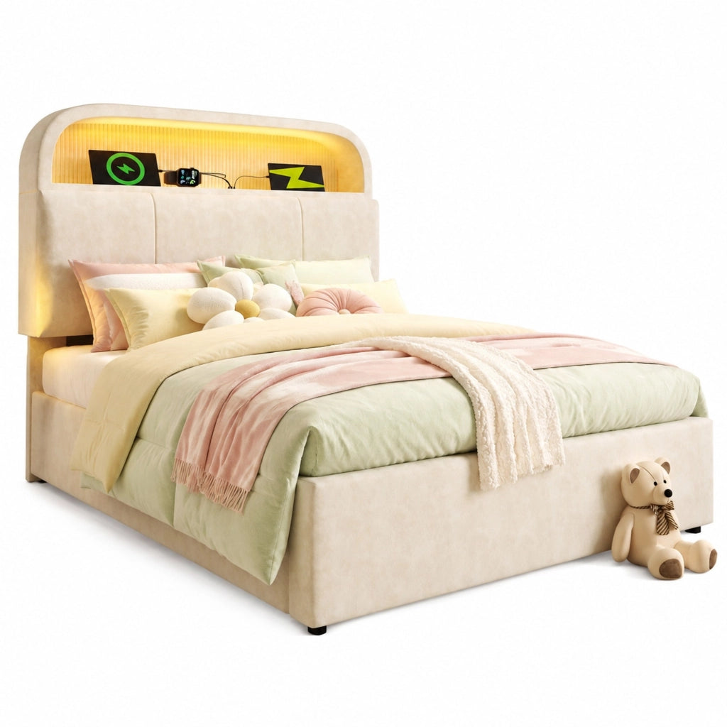 Letto singolo 90x200 cm in velluto beige con testiera regolabile contenitore, LED, USB/Type-C e rete a doghe