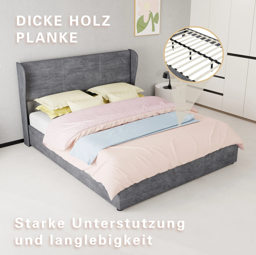 Letto imbottito 160 x 200 cm con testiera in tessuto grigio