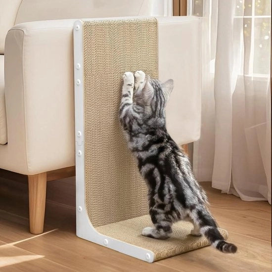 Krabbaplanca per gatti, 58 cm, forma L, superficie di afferramento verticale per parete, protezione per mobili in cartone per gatti grandi, bianca