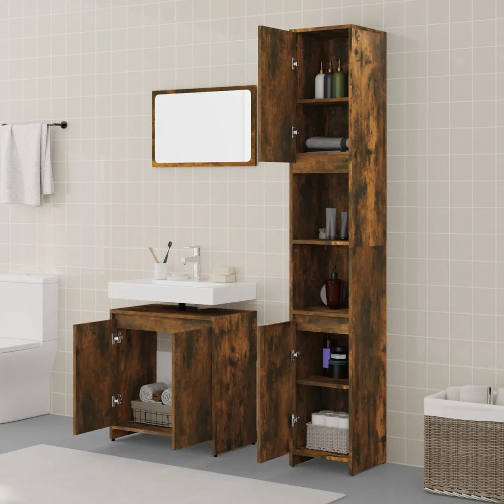 Set Mobili da Bagno | Armadio da bagno 3 pz Rovere Fumo in Legno Multistrato