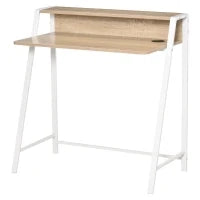 Scrivania Moderna per Camera e Ufficio a 2 Livelli, Arredamento in Legno e Metallo, 84x45x85cm, Bianco e Rovere