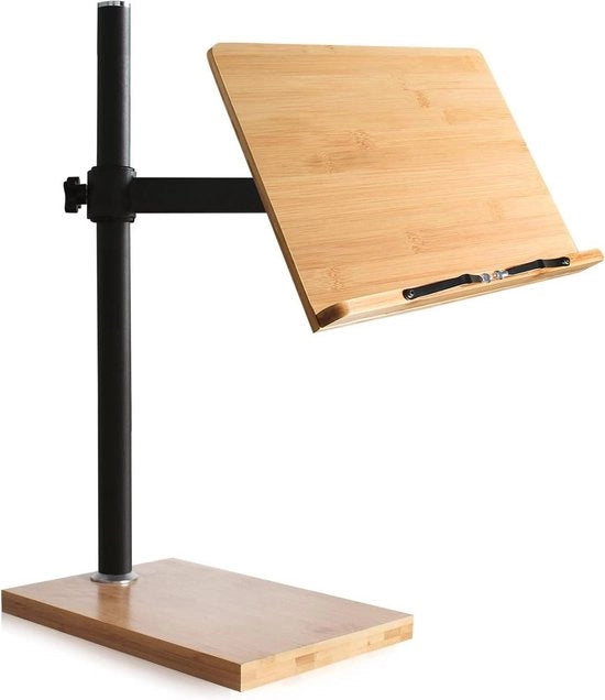 Standario per libri regolabile in altezza - Standario per libri in bambù - Lettura senza mani - Altezza e angolo regolabili della lezione - Supporto per libri con clip per pagina - 11 x 81 cm