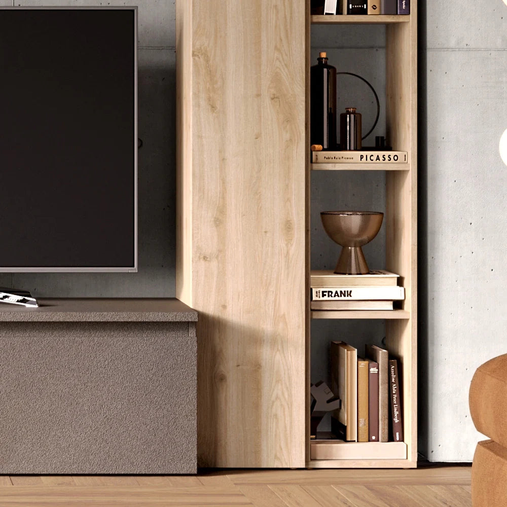 Parete Attrezzata Made in Italy Infinity 9 con 2 colonne, base TV, elemento a ribalta e elemento con vani, design moderno ideale per soggiorno, sala da pranzo, cucina, colore Bronzo/Cadiz