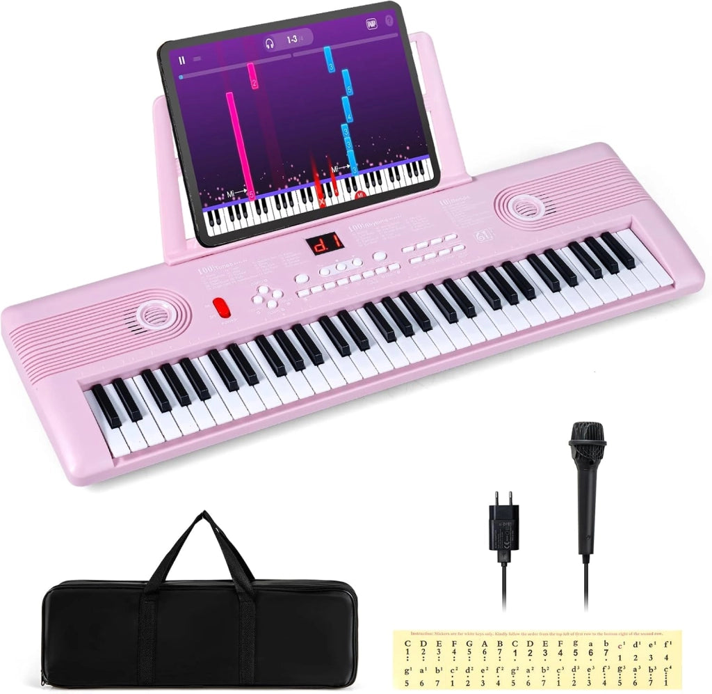 Pianoforte Digitale a 61 Tasti, Pianoforte Elettronica con Supporto, Microfono, Pianoforte Portatile con Adesivi per Tasti e Borsa da Trasporto, per Bambini e Adulti (Rosa)