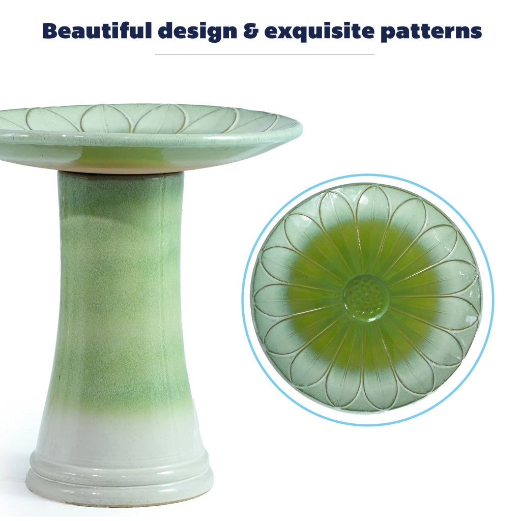 Fontana da giardino per uccelli con ciotola rialzata decorata a rilievo smaltata in ceramica verde Ø43 × 45 cm