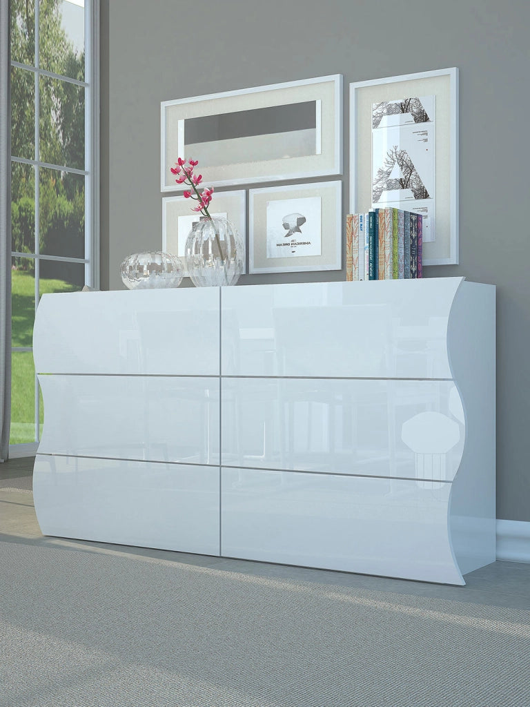 Comò 6 Cassetti 155x40x81,5 cm Onda 6C Bianco Lucido
