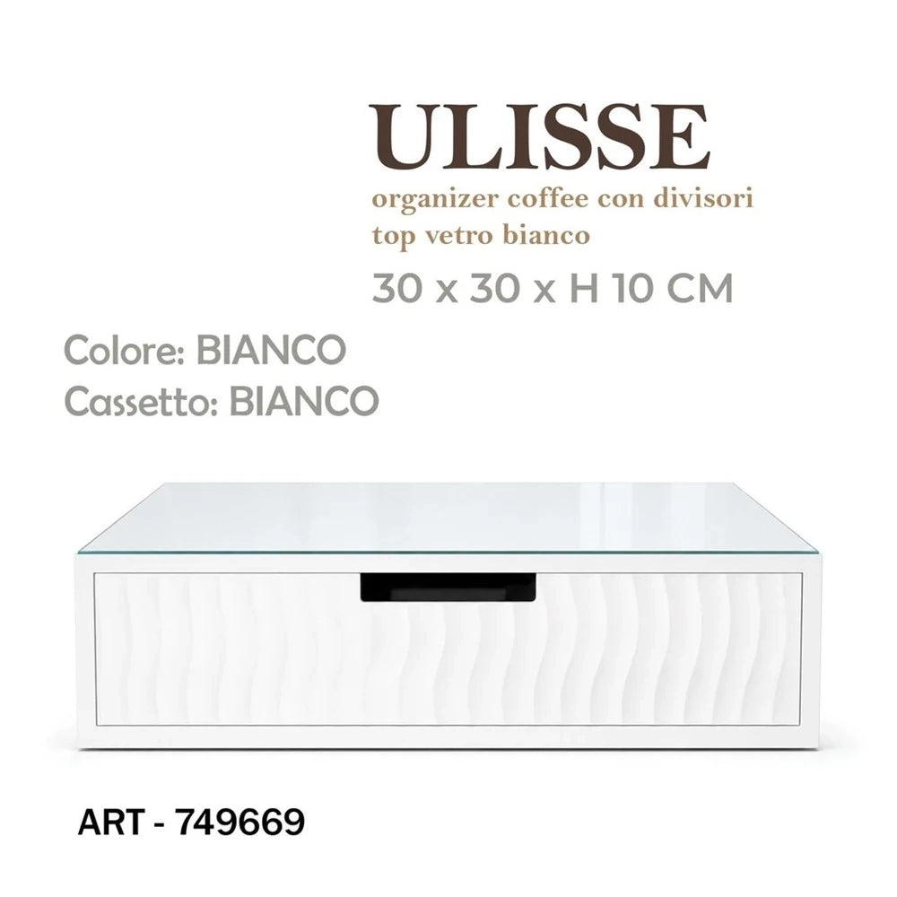 Trade Shop - Cassetto Organizer Porta Capsule Cialde Bianco Top In Vetro Bianco Con Divisori 749669 -
