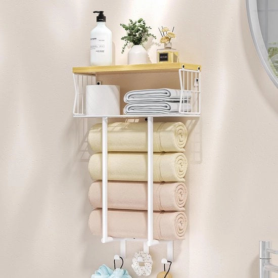 Sostegno per Asciugamani da Parete - Pannellino per Asciugamani Bagno Multifunzionale Modello con Ganci per Accessori Bagno, Adatto come Sostegno per Asciugamani Ospiti - Bianco